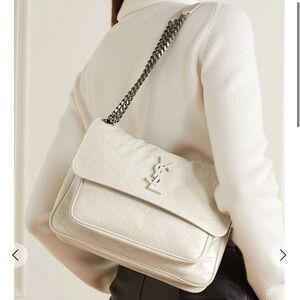 YSL Niki Baby Quilted Crinkled Leather Shoulder Bag - Cream/White